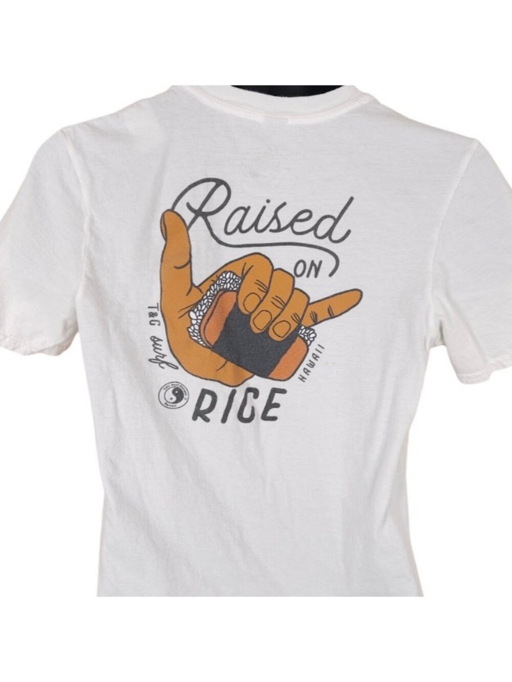 T&C Surf Designs T Shirt Mens Size Small White Musubi Raised On Rice Hawaii